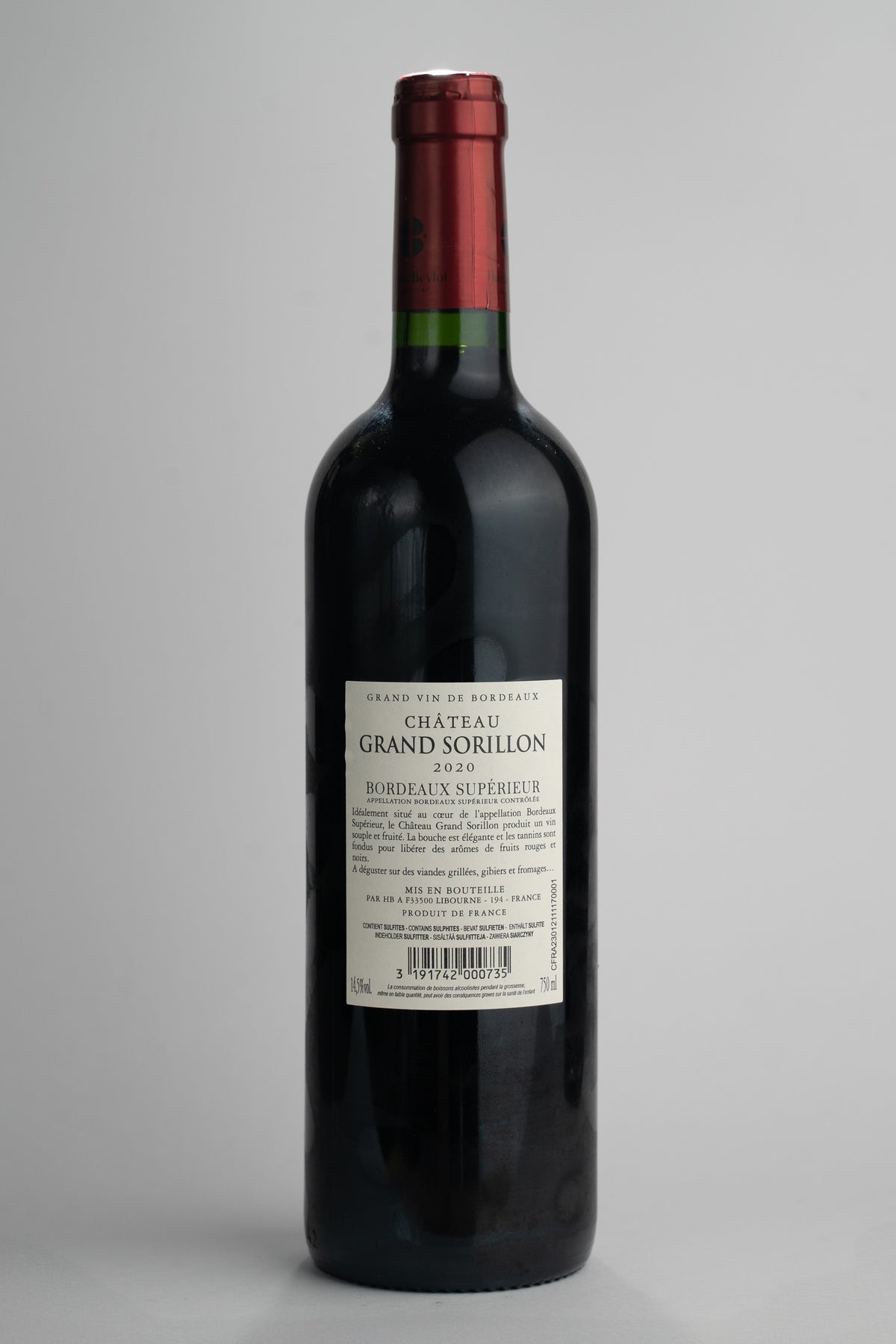 2020 Chateau Grand Sorillon Bordeaux Supérieur Französischer Rotwein Flasche Rückansicht Etikett