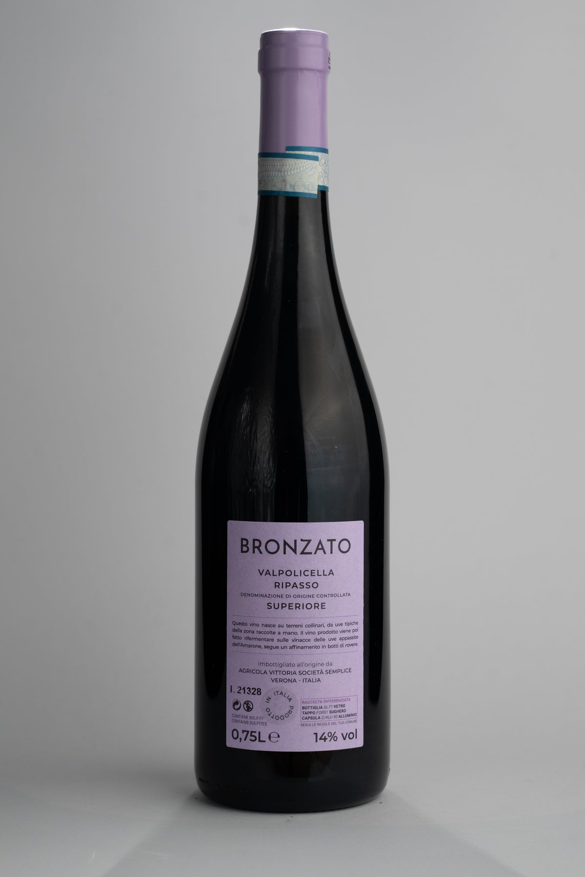 2020 Massimo Bronzato Valpolicella Ripasso Superiore Italienischer Rotwein Flasche Rückansicht Etikett