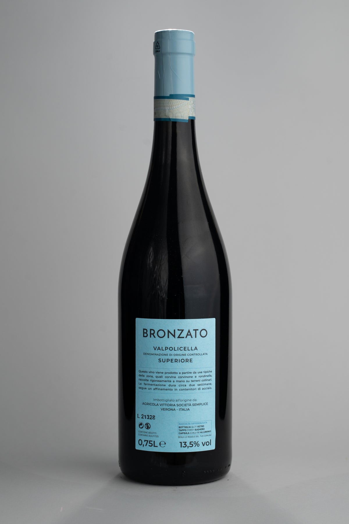 2021 Massimo Bronzato Valpolicella Superiore Italienischer Rotwein Flasche Rückansicht Etikett