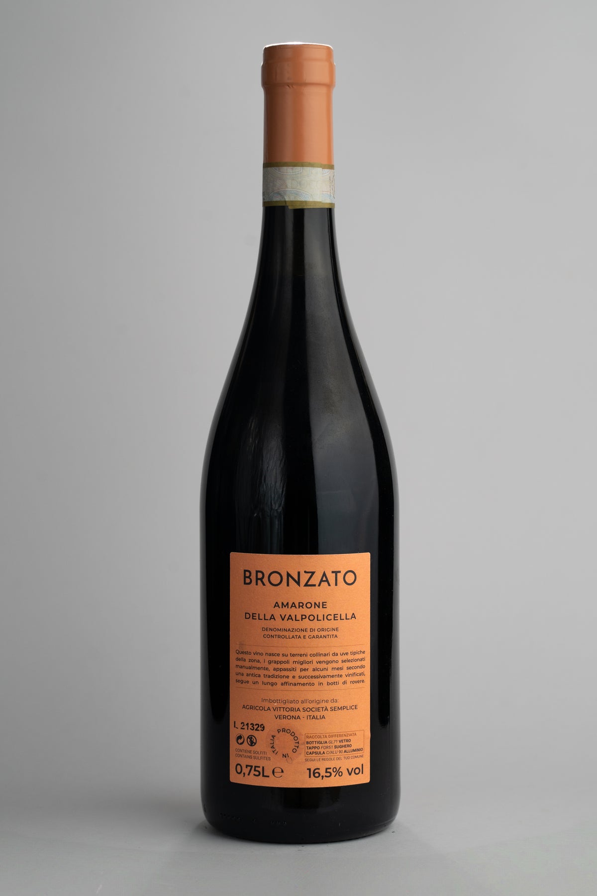 2018 Massimo Bronzato Amarone della Valpolicella Italienischer Rotwein Flasche Rückansicht Etikett